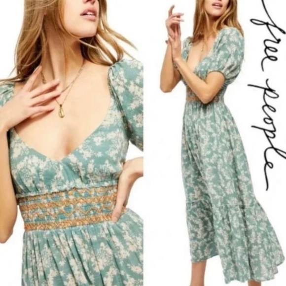 Free People Dresses & Skirts - Free People Ellie Maxi Dress in Green Floral Puff Sleeves Smocked Tiered Pockets